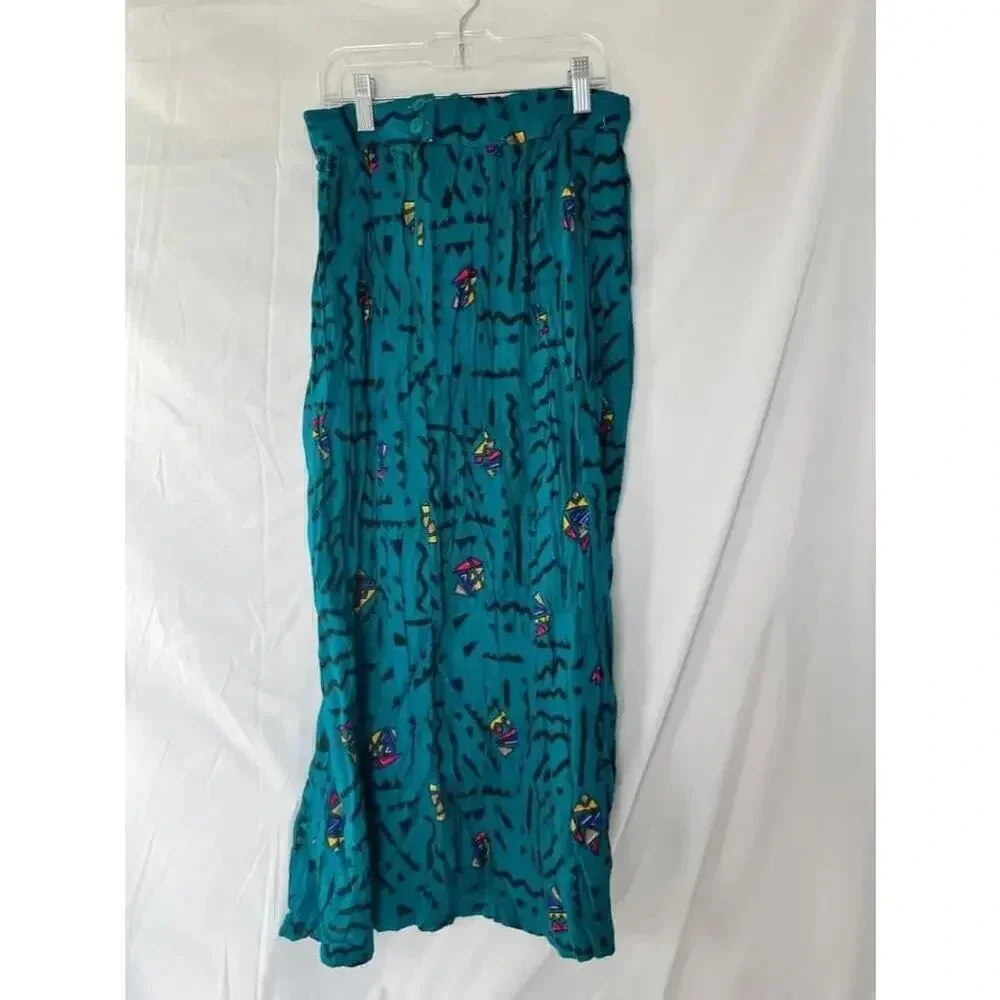 Vintage 90s Teal Abstract‎ Maxi Skirt High Waist Art Geometric Boho Womens 5